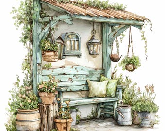 15 imágenes PNG de bancos de jardín en acuarela, patio rústico, gráficos florales de invernadero