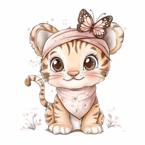 16 imágenes prediseñadas de tigre PNG, tigre bebé con pañuelo rosa y mariposa, linda descarga digital para decoración de guardería