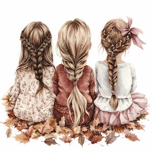 24 imágenes prediseñadas de chicas otoñales en formato JPEG: peinado trenzado, impresión en formato JPG, ilustración de moda otoñal para habitación infantil, regalo para hermanas o decoración de pared de temporada.