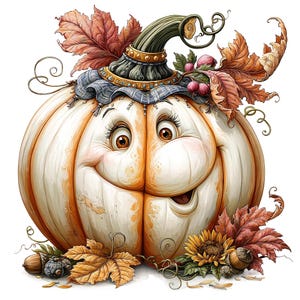 Peut inclure: Une citrouille blanche et orange avec un visage souriant, de grands yeux et de longs cils. La citrouille porte un col à carreaux bleus et est décorée de feuilles d'automne brunes, d'un tournesol et de petits glands sur un fond blanc.