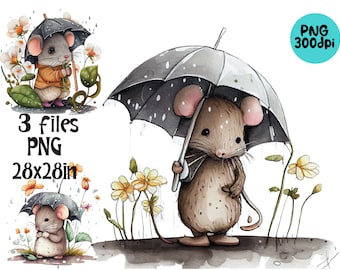 Pluie Clipart Souris Parapluie Baby Shower Aquarelle Sublimation PNG