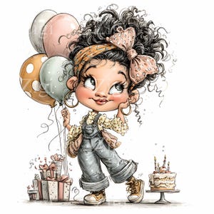 May include: A cartoon illustration of a person with curly hair, wearing dungarees and holding balloons. The character is surrounded by birthday gifts and a cake. The balloons are in shades of pink, white, and gold. The overall style is cartoonish and celebratory.