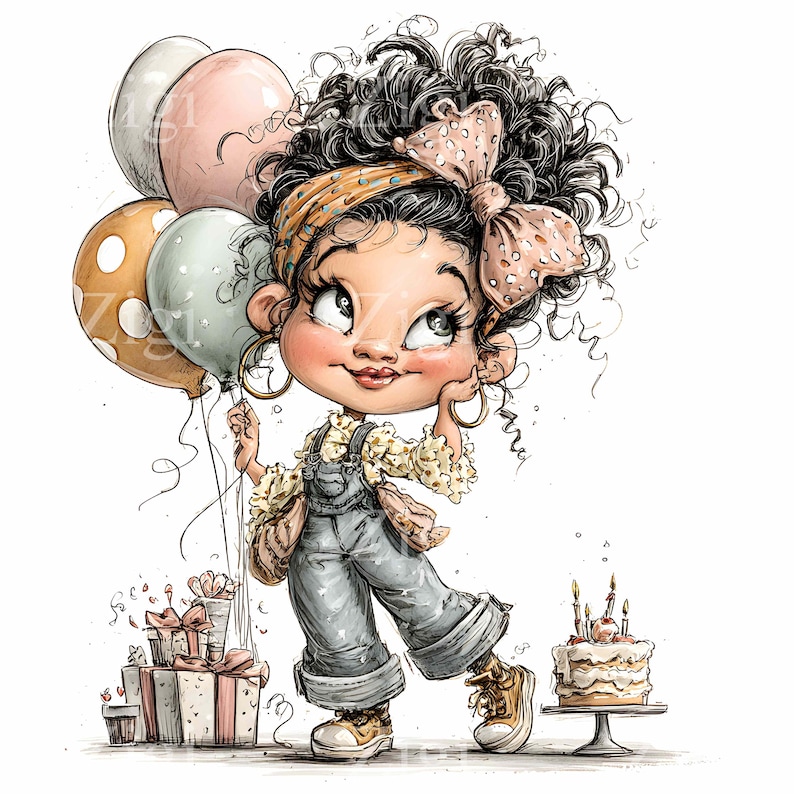 May include: A cartoon illustration of a person with curly hair, wearing dungarees and holding balloons. The character is surrounded by birthday gifts and a cake. The balloons are in shades of pink, white, and gold. The overall style is cartoonish and celebratory.