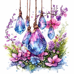 28 JPEG Cristalli sospesi Clipart JPG, Pietre preziose viola e blu con bouquet floreale, Arte del giardino mistico per sublimazione