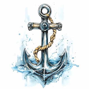 44 JPEG Clipart di ancora nautica ad acquerello - Arte di ancoraggio con corda di spruzzi oceanici - Download digitale di decorazioni marittime JPG