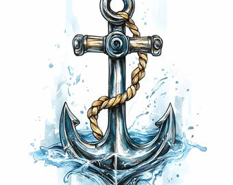 May include: A blue anchor with a rope wrapped around it, set against a watercolour background of blue and white water.