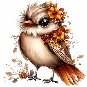 16 Pájaros otoñales mullidos PNG, imágenes prediseñadas de pájaros del bosque con flores, descarga digital de pájaros otoñales lindos, fondo transparente