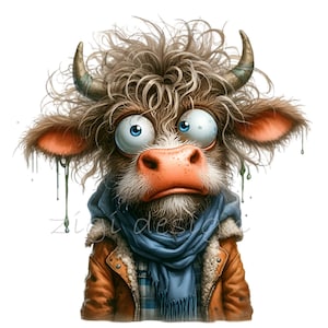 15 Funny highland cow PNG – shocked cartoon cow clipart with messy hair and jacket – humorous animal art for mugs, shirts, or decor