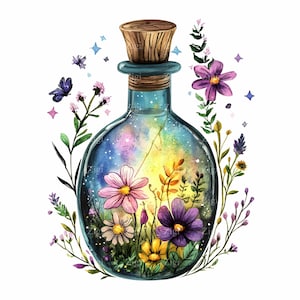Op de afbeelding: Een blauwe glazen fles met een kurken stop, gevuld met een galaxy-achtig ontwerp en kleurrijke bloemen. De fles is omringd door een verscheidenheid aan bloemen en bladeren.