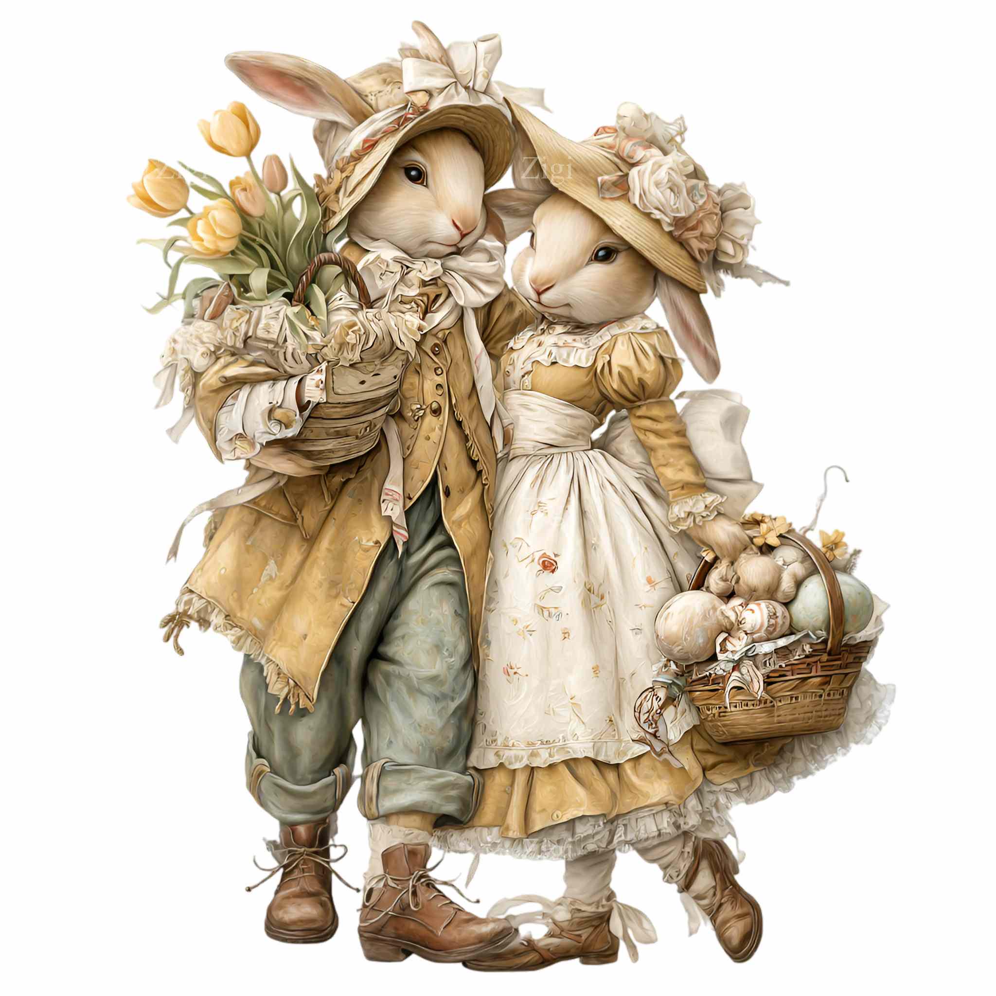 20 PNG Spring Rabbit Illustration Floral Tulips Basket Eggs Cottage ...