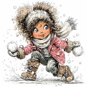 32 JPEG 雪合戦の女の子のクリップアート – 冬の漫画 JPG – 子供の工芸品、グリーティングカード、プランナーページ、印刷物のための楽しい雪の日のアート