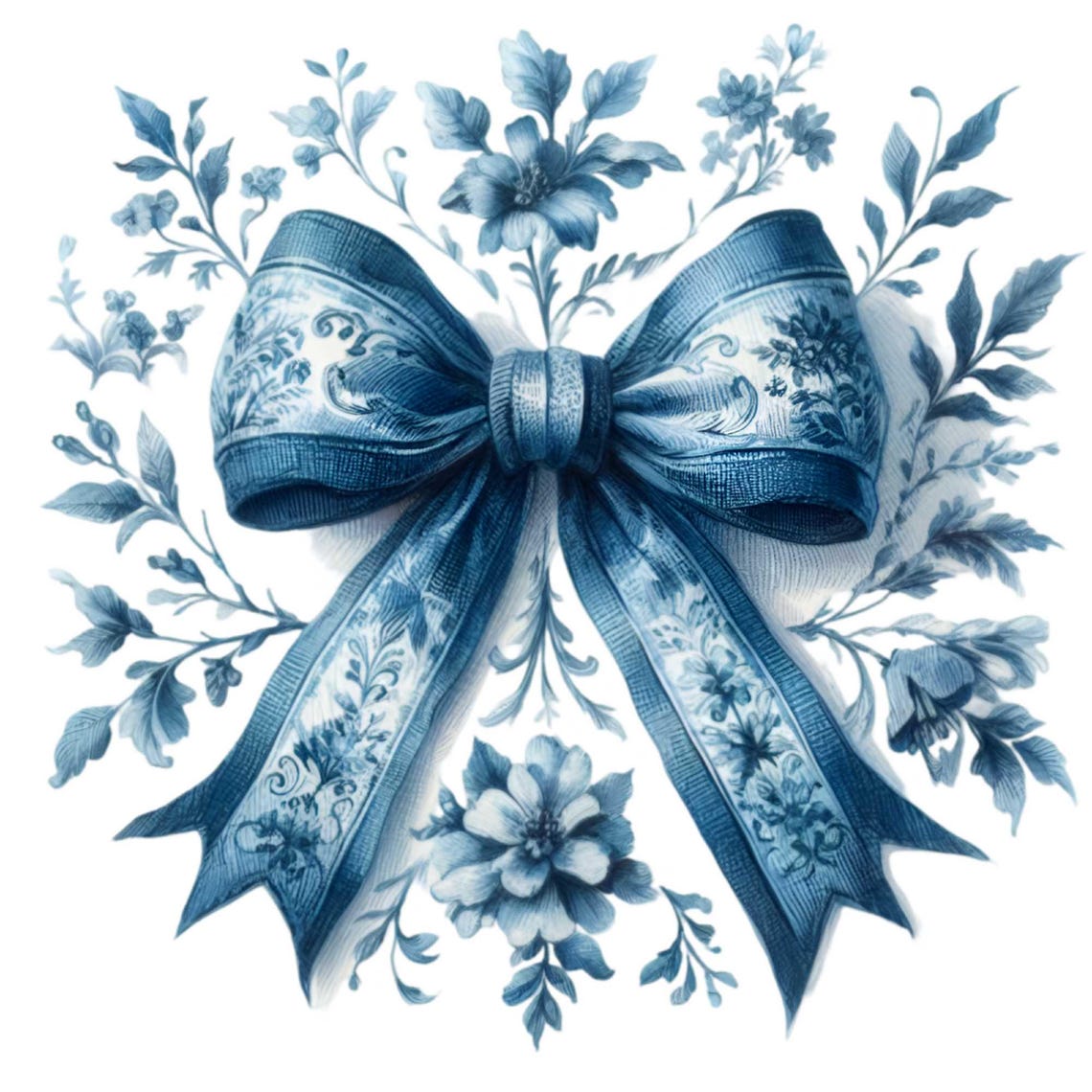 14 Toile Ribbon Bow PNG – Vintage Blue and White Floral Clipart With ...