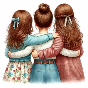 12 cliparts PNG de trois filles s'embrassant, illustration de soeurs, jolie famille téléchargement d'art numérique