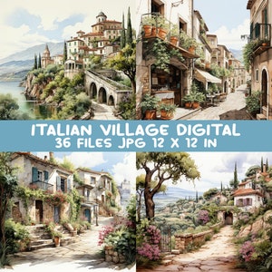 Italian Village Digital Papers 36 JPG Acquerello Italia Strade Toscana Villa Scrapbooking, Clipart Digital Printable Junk Journal