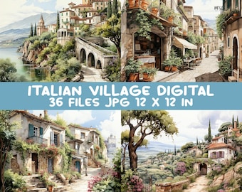 36 JPG Italian Village Digital Paper Bundle, Mediterranean Town Scenery Background