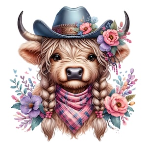 Western Highland Kuh Clipart PNG - 10 süße Kuh mit Cowboyhut und floralem Bandana - perfekt für das Farmhaus-Handwerk