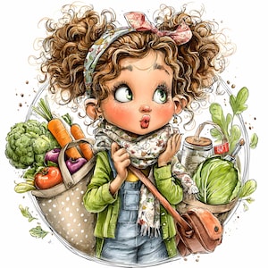 14 JPEG マーケットガールクリップアート – 野菜を持つかわいい子供のイラスト – エコデコレーション、プランナー、レシピカードに使える気まぐれな食料品アート