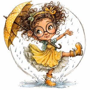 Puede incluir: Ilustraci&oacute;n de una ni&ntilde;a con un vestido y botas amarillas, sosteniendo un paraguas amarillo con lunares. Lleva gafas redondas grandes y chapotea en un charco. La imagen est&aacute; sobre un fondo blanco con un contorno circular.