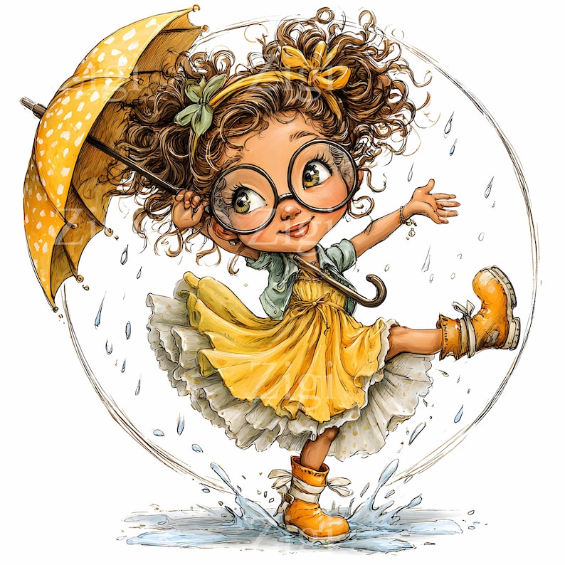Puede incluir: Ilustraci&oacute;n de una ni&ntilde;a con un vestido y botas amarillas, sosteniendo un paraguas amarillo con lunares. Lleva gafas redondas grandes y chapotea en un charco. La imagen est&aacute; sobre un fondo blanco con un contorno circular.