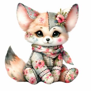 12 cliparts PNG mignon renard patchwork, renard en tissu floral avec de grands yeux, des boutons et une écharpe, art animalier des bois, téléchargement numérique