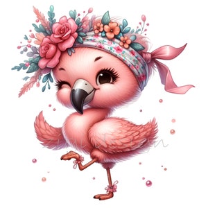 12 graziosi clipart PNG di fenicotteri – Fenicottero rosa che ammicca con fascia floreale – Adorabile arte di uccelli per artigianato per ragazze