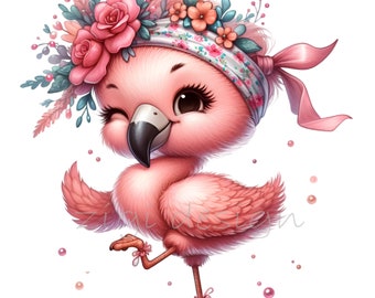 12 PNG Pink Flamingo Clipart, Tropical Flower Crown Bird