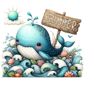 15 uroczych letnich wielorybów PNG Clipart, fale oceanu, muszle, kwiaty i drewniany znak, sztuka zwierząt plażowych, pobieranie cyfrowe