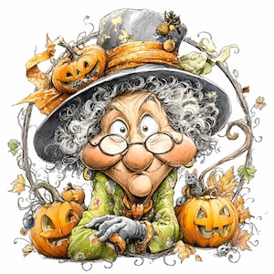 12 PNG Kürbis Hut Hexe Clipart - lustige Halloween PNG Illustration - Herbst Cartoon Oma Kunst für Aufkleber, Karten, Sublimation