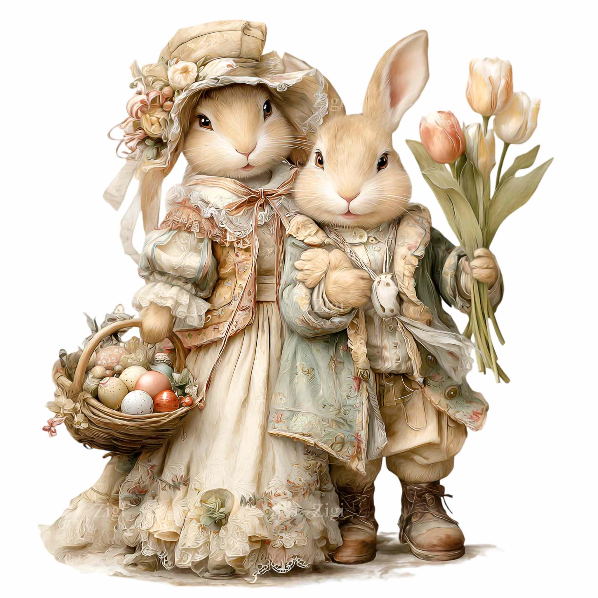 20 PNG Spring Rabbit Illustration Floral Tulips Basket Eggs Cottage ...