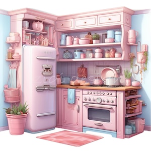 Retro Kitchen Clipart PNG 25 Pink Watercolor Baking Cooking - Etsy