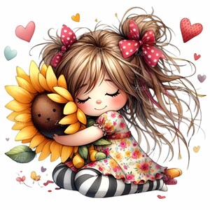 14 Ragazza carina che abbraccia il girasole PNG, illustrazione di bambino stravagante, clipart digitale di vestito floreale