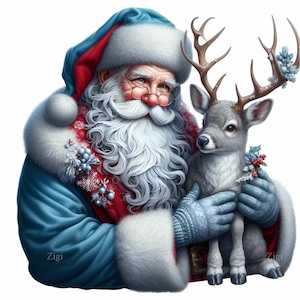 10 PNG Père Noël en hiver PNG - Clipart de Noël bleu avec renne - Illustration de vacances pour cartes de fête et travaux manuels de saison