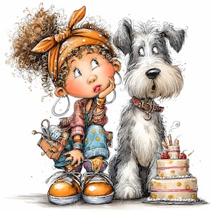 20 JPEG Curly Girl with Dog – Birthday Cake JPG Clipart – Whimsical Pet Party Illustration for Cards, Decor, Digital Printable Art