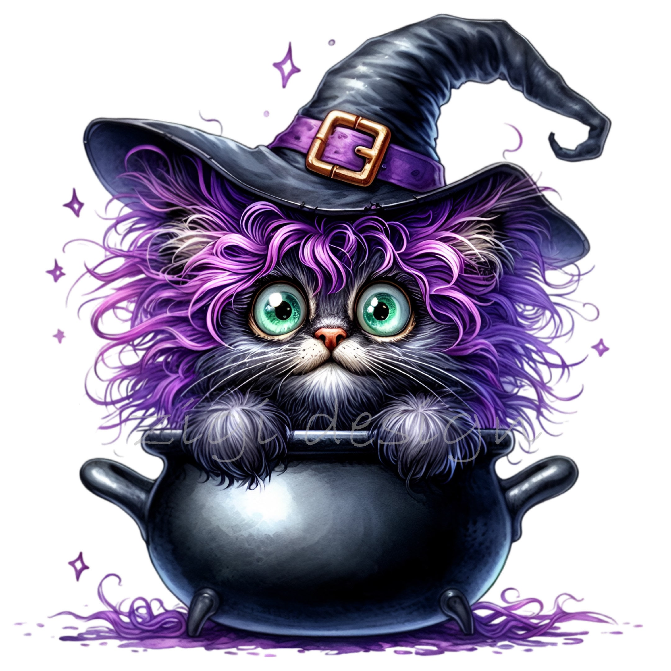 Halloween Cat Clipart - Purple Kitten With Witch Hat and Webs ...