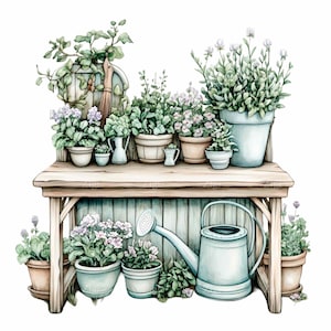 12 Clipart PNG tavolo da giardino – Panca rustica in legno con piante in vaso, verde e annaffiatoio – Arte decorativa primaverile per sublimazione