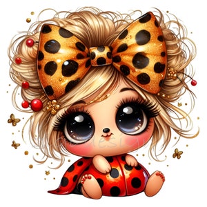 May include: A digital illustration of a cartoon ladybug character with a large bow. The bow is gold with black spots. The ladybug is red with black spots. The character has large eyes, blonde hair, and rosy cheeks.