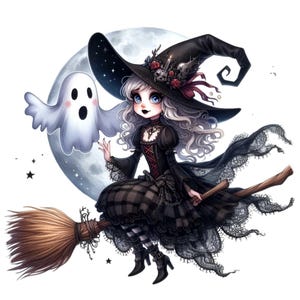 12 PNG Flying Witch-bezemsteel, Halloween-spookpompoenkunst afbeelding 7