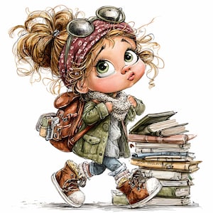 Op de afbeelding: Een cartoon illustratie van een jong persoon met blond krullend haar, met een bordeauxrode bandana, zonnebril, een groene jas en bruine laarzen. Ze dragen een rugzak en lopen langs een stapel boeken. De afbeelding heeft een grillige stijl.