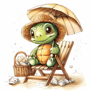 Puede incluir: Una tortuga verde con un sombrero de paja y gafas de sol se sienta en una silla de playa de madera bajo una sombrilla amarilla. La tortuga sostiene una concha en su mano. Hay una cesta de conchas junto a la silla.