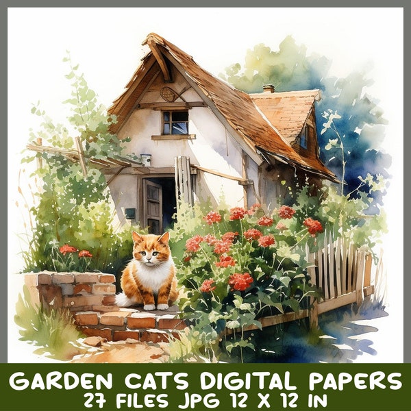Cat Cottage Garden Digital Papers 27 JPG Watercolor Kitten Whimsical Cat Illustration, Printable Digital Images for Junk Journal