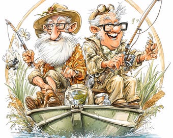 May include: Illustration of two elderly men fishing from a small green boat. They are wearing hats, glasses, and fishing attire, with one holding a fishing rod. A fishbowl with fish sits between them. The image is set against a white background.