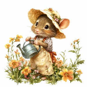 20 Süße Maus Gärtnerin PNG Clipart - Gießkanne, Sonnenhut, Schürze, umgeben von Blumen - Frühlingstiere Kunst