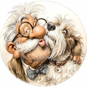 12 PNG Funny grandpa art – Dog kissing old man PNG clipart – Whimsical cartoon design for pet lovers, mugs, cards and wall decor