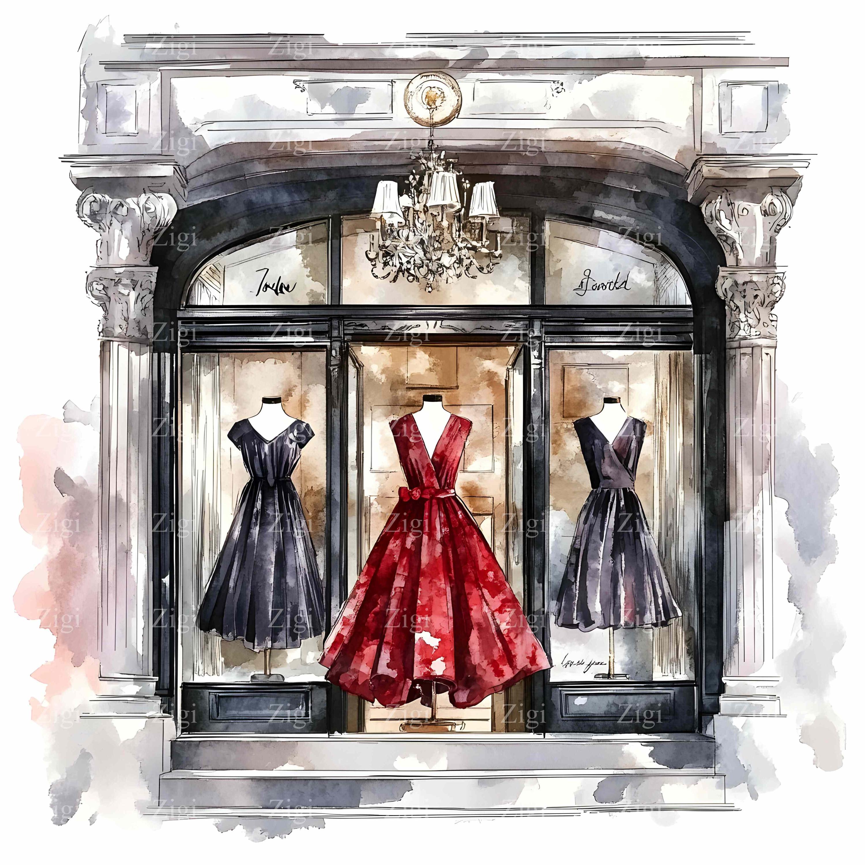 35 JPEG Elegant Boutique Window Clipart, Vintage Watercolor JPEG Illustration of Dresses Displayed in Storefront