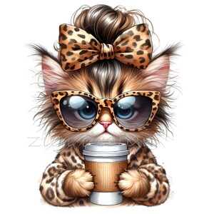Puede incluir: Un gato de dibujos animados con un lazo de estampado de leopardo en el pelo, que lleva gafas de sol y una chaqueta de estampado de leopardo, sosteniendo una taza de caf&eacute;.