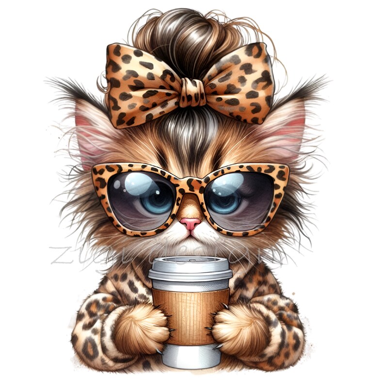 Puede incluir: Un gato de dibujos animados con un lazo de estampado de leopardo en el pelo, que lleva gafas de sol y una chaqueta de estampado de leopardo, sosteniendo una taza de caf&eacute;.