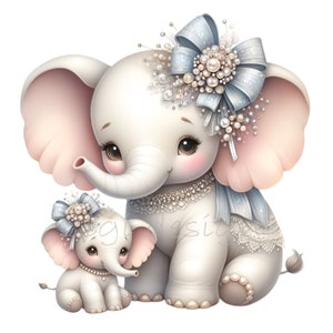 15 olifant familie clipart png - mama en babyolifant met parels en strikken digitale kunst - schattige dierenillustratie