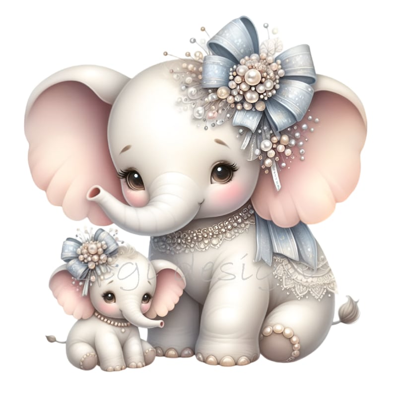 Elephant Family Clipart PNG - Mama and Baby Elephant with Pearls and Bows Digital Art - Adorable Animal Illustration