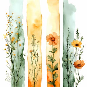 42 tiras florales de acuarela JPEG, paneles de flores silvestres verdes y naranjas, impresión de imágenes prediseñadas de marcapáginas botánicos verticales
