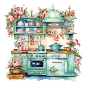 15 Vintage Küche PNG Clipart, Retro Aqua Herd mit Blumendekor, Shabby Chic Kochen Illustration, Cottage Clip Art